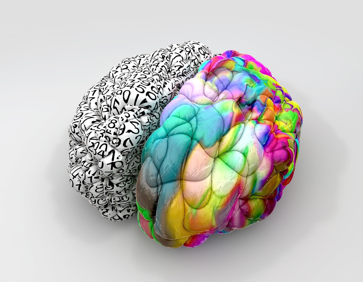 A typical brain with the left side depicting an analytical, structured and logical mind, and the right side depicting a scattered, creative and colorful side on an isolated background, Image: 160089064, License: Royalty-free, Restrictions: , Model Release: no, Credit line: Profimedia, Alamy
